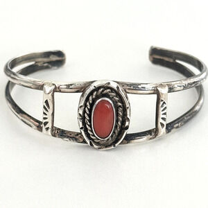 Vintage Navajo Native American 925 Sterling Silver Coral Southwest Cuff Bracelet